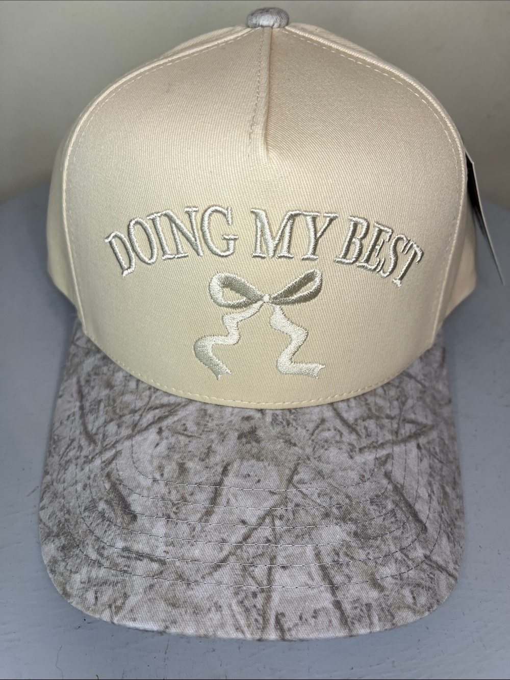 C.C Beige 'Doing My Best' Embroidered Cap with Marbled Gray Bill NEW